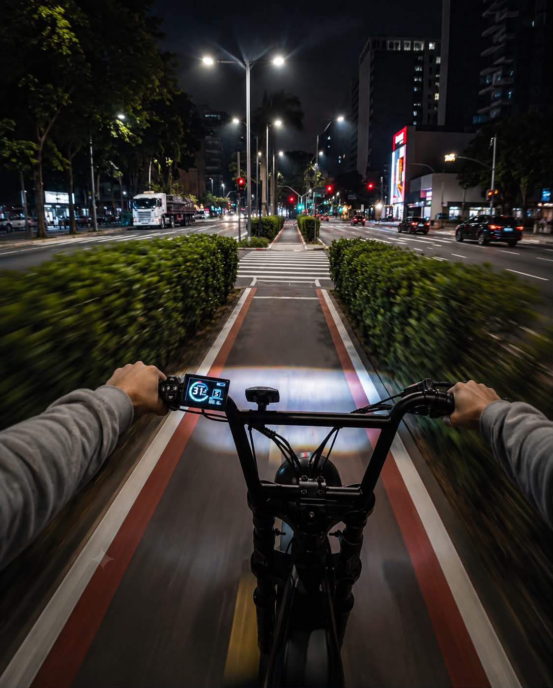 Pilotando uma elétrica E-Motion à noite numa ciclovia de São Paulo
